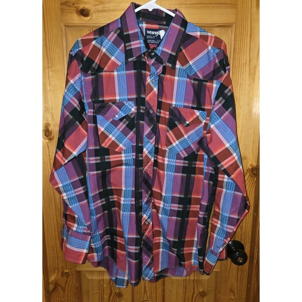 VTG 90s WRANGLER US Men's 17 Cowboy Cut Snap Shirt X Long Tail Rare Bright